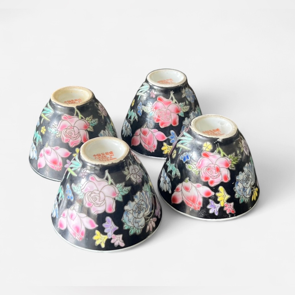(4) VINTAGE Jingdezhen Chinese Famille Noire Tea Cups - Picture 7 of 8